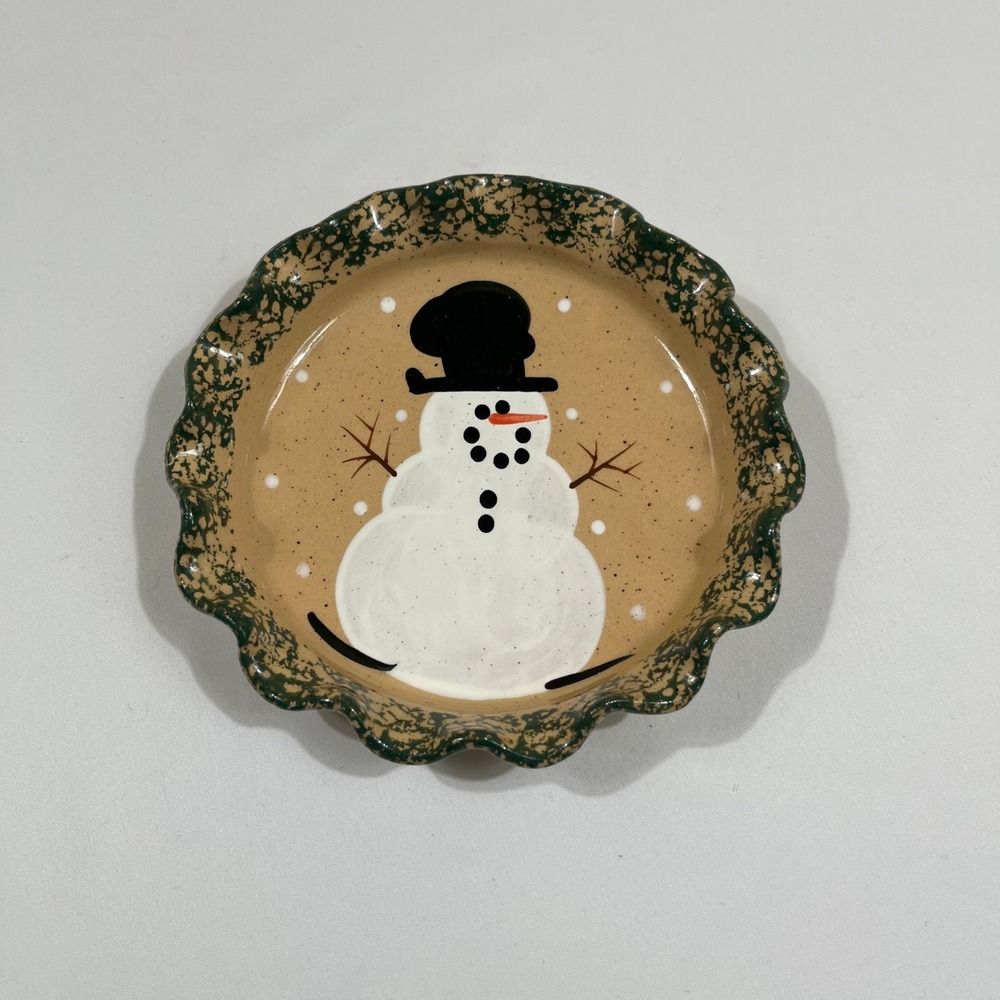 Three Rivers Pottery Snowman Dish 6.5in Tan Green Hand Painted 1997